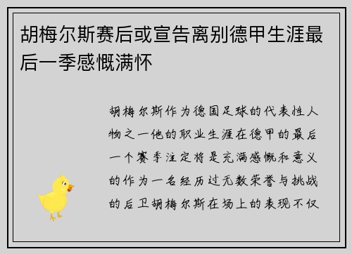 胡梅尔斯赛后或宣告离别德甲生涯最后一季感慨满怀